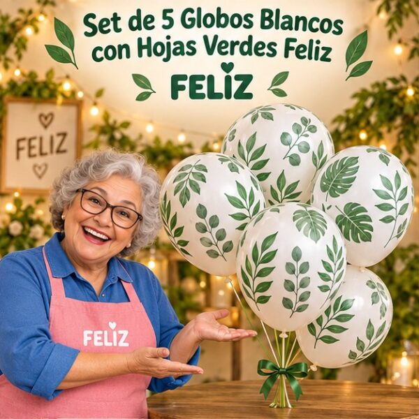 RI-0008818 Set de 5 Globos Blancos con Hojas Verdes Feliz