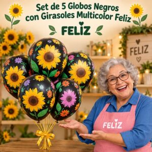 RI-0008819 Set de 5 Globos Negros con Girasoles Multicolor Feliz