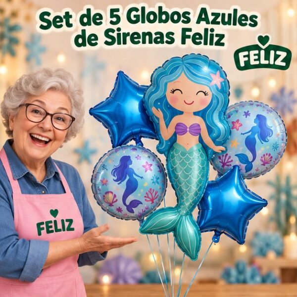 RI-0008822 Set de 5 Globos Azules de Sirenas Feliz
