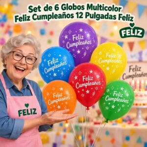 RI-0008825 Set de 6 Globos Multicolor Feliz Cumpleaños 12 Pulgadas Feliz