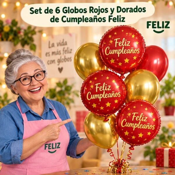 RI-0008826 Set de 6 Globos Rojos y Dorados de Cumpleaños Feliz