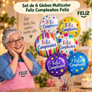 RI-0008827 Set de 6 Globos Multicolor Feliz Cumpleaños Feliz