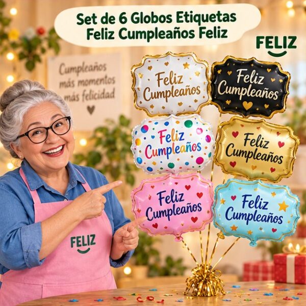 RI-0008828 Set de 6 Globos Etiquetas Feliz Cumpleaños Feliz
