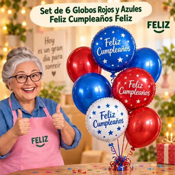 RI-0008829 Set de 6 Globos Rojos y Azules Feliz Cumpleaños Feliz
