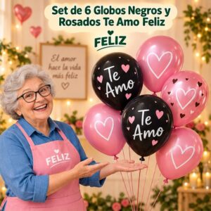 RI-0008830 Set de 6 Globos Negros y Rosados Te Amo Feliz