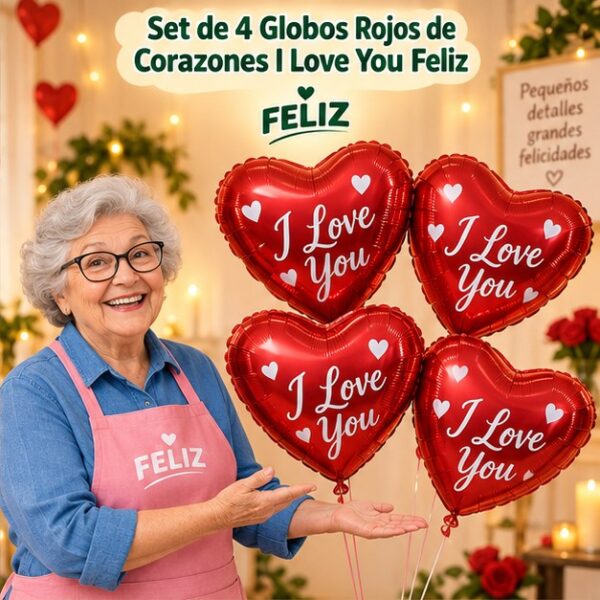 Set de 4 Globos Rojos de Corazones I Love You Feliz