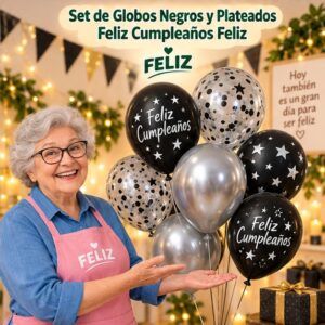 RI-0008833 Set de Globos Negros y Plateados Feliz Cumpleaños Feliz