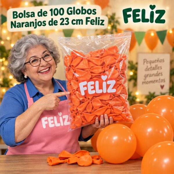 RI-0008836 Bolsa de 100 Globos Naranjos de 23 cm Feliz