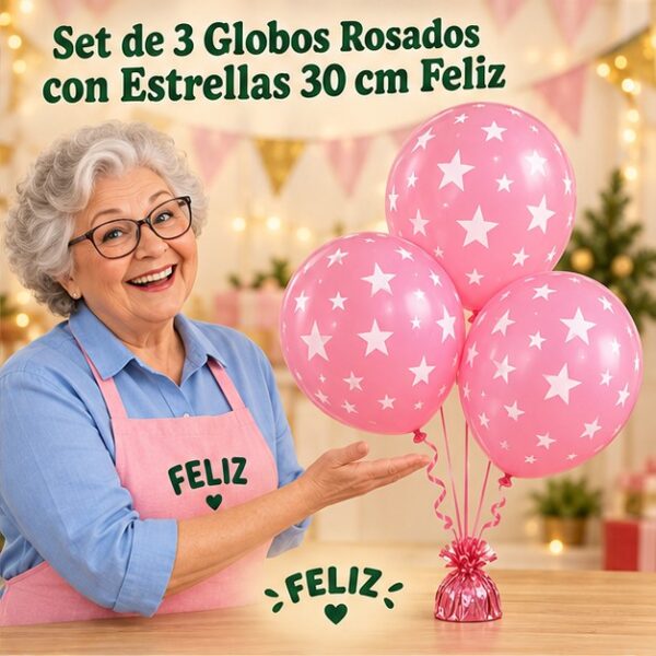 RI-0008847 Set de 3 Globos Rosados con Estrellas 30 cm Feliz