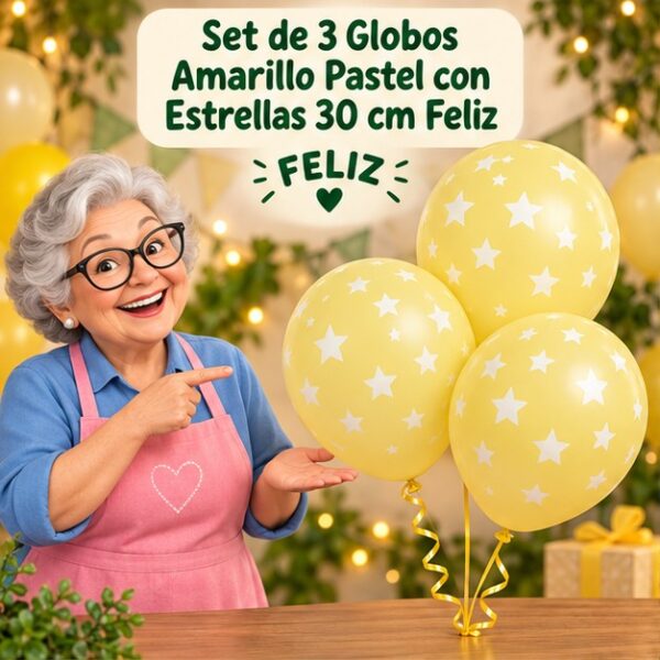RI-0008850 Set de 3 Globos Amarillo Pastel con Estrellas 30 cm Feliz
