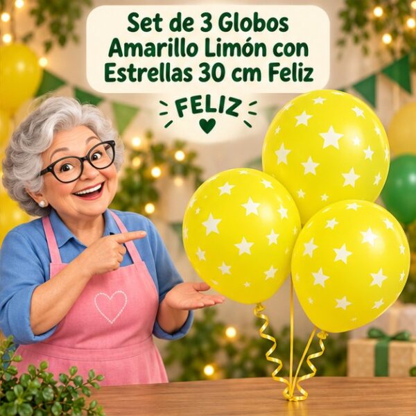 RI-0008851 Set de 3 Globos Amarillo Limón con Estrellas 30 cm Feliz