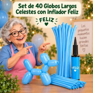 RI-0008852 Set de 40 Globos Largos Celestes con Inflador Feliz