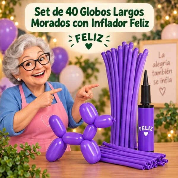 RI-0008853 Set de 40 Globos Largos Morados con Inflador Feliz