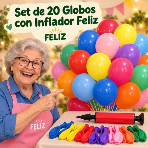 RI-0008854 Set de 20 Globos con Inflador Feliz