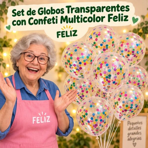 RI-0008856 Set de Globos Transparentes con Confeti Multicolor Feliz