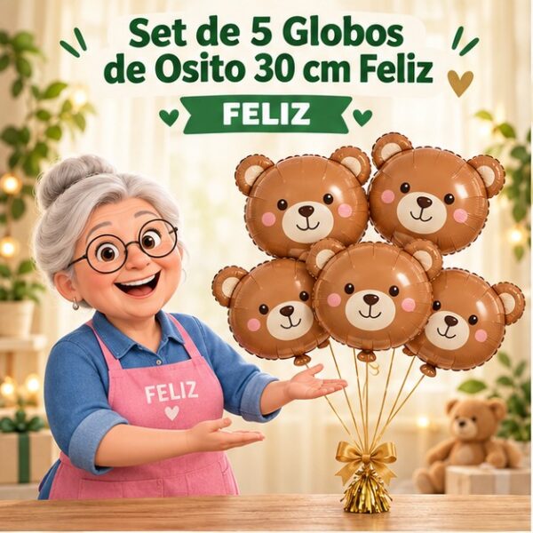 RI-0008858 Set de 5 Globos de Osito 30 cm Feliz