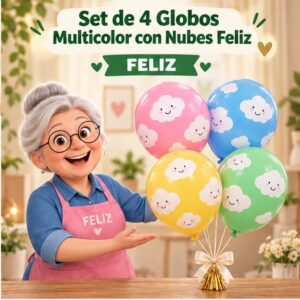 RI-0008859 Set de 4 Globos Multicolor con Nubes Feliz