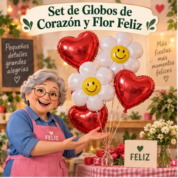 RI-0008864 Set de Globos de Corazón y Flor Feliz