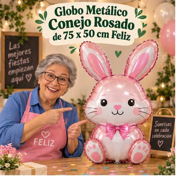 RI-0008868 Globo Metálico Conejo Rosado de 75 x 50 cm Feliz