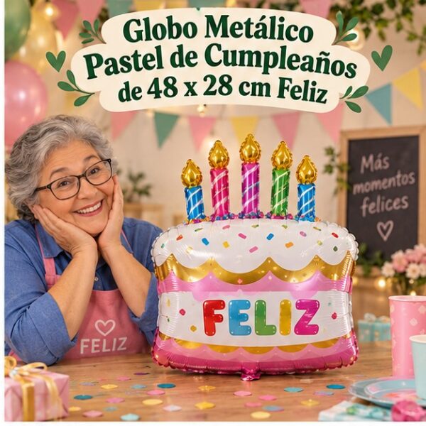 RI-0008869 Globo Metálico Pastel de Cumpleaños de 48 x 28 cm Feliz