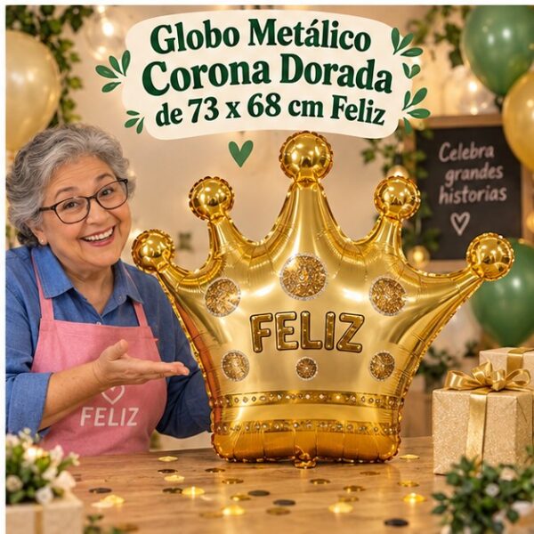RI-0008871 Globo Metálico Corona Dorada de 73 x 68 cm Feliz