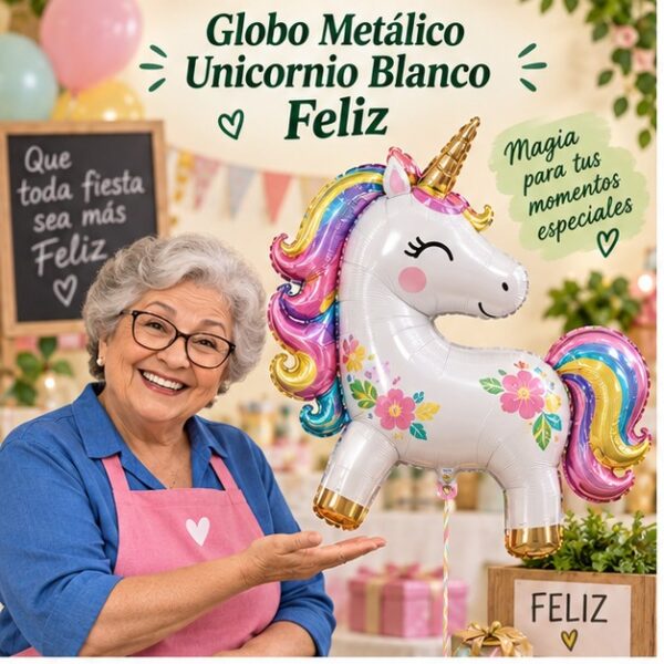 RI-0008872 Globo Metálico Unicornio Blanco Feliz