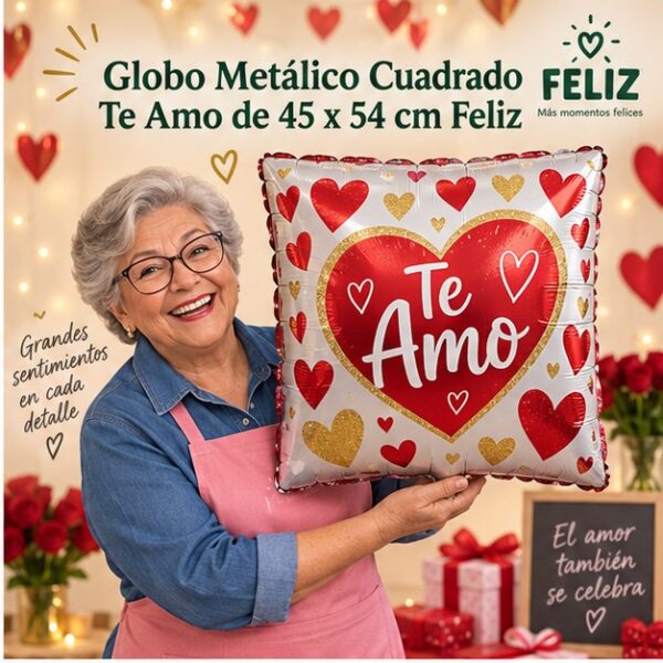 RI-0008881 Globo Metálico Cuadrado Te Amo de 45 x 54 cm Feliz