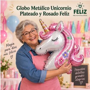Globo Metálico Unicornio Plateado y Rosado Feliz