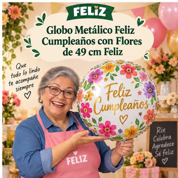 RI-0008887 Globo Metálico Feliz Cumpleaños con Flores de 49 cm Feliz