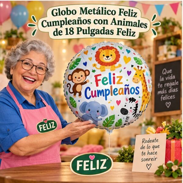RI-0008890 Globo Metálico Feliz Cumpleaños con Animales de 18 Pulgadas Feliz