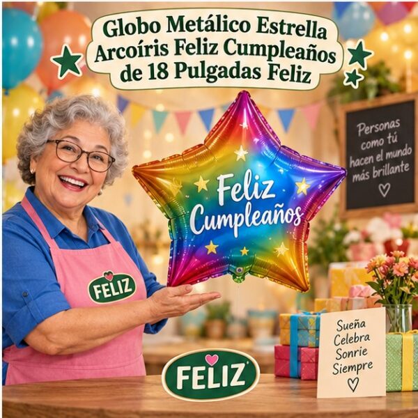 RI-0008891 Globo Metálico Estrella Arcoíris Feliz Cumpleaños de 18 Pulgadas Feliz