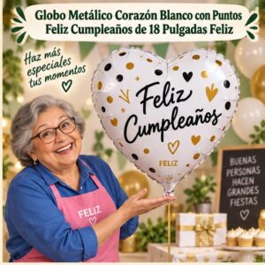 Globo Metálico Corazón Blanco con Puntos Feliz Cumpleaños de 18 Pulgadas Feliz