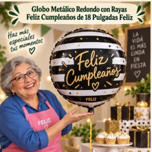 RI-0008894 Globo Metálico Redondo con Rayas Feliz Cumpleaños de 18 Pulgadas Feliz