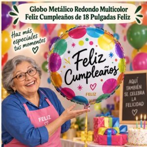 RI-0008895 Globo Metálico Redondo Multicolor Feliz Cumpleaños de 18 Pulgadas Feliz