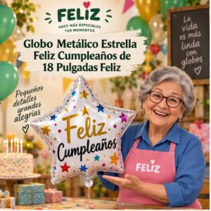 RI-0008896 Globo Metálico Estrella Feliz Cumpleaños de 18 Pulgadas Feliz