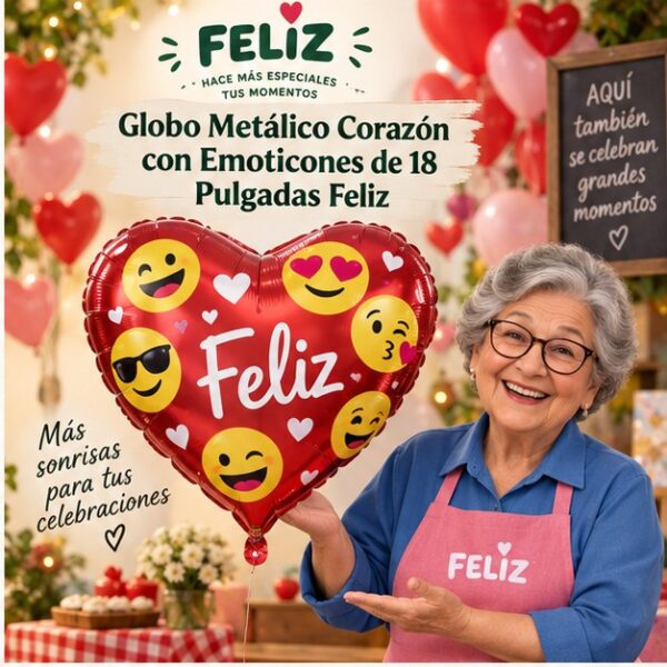 Globo Metálico Corazón con Emoticones de 18 Pulgadas Feliz