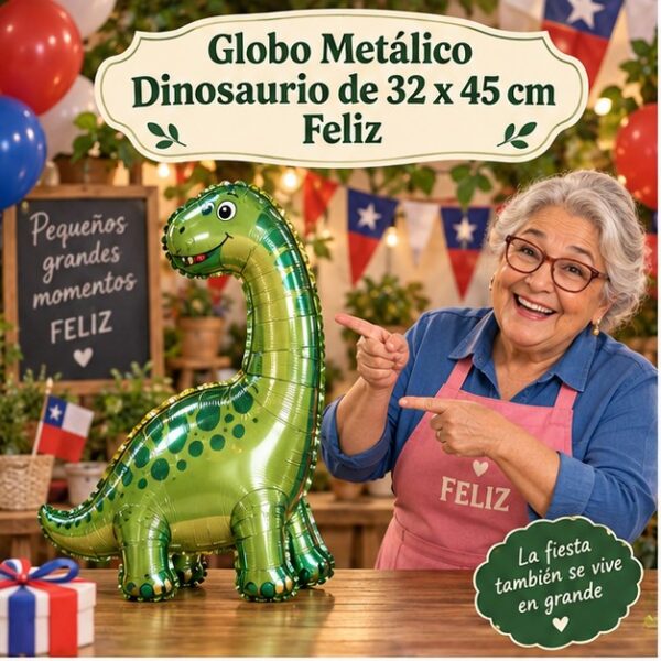 RI-0008900 Globo Metálico Dinosaurio de 32 x 45 cm Feliz