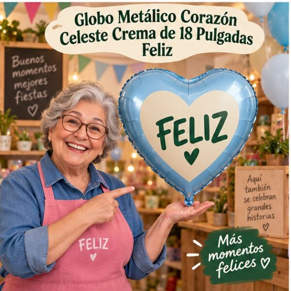 RI-0008906 Globo Metálico Corazón Celeste Crema de 18 Pulgadas Feliz