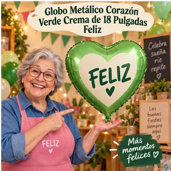 RI-0008907 Globo Metálico Corazón Verde Crema de 18 Pulgadas Feliz