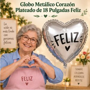 RI-0008923 Globo Metálico Corazón Plateado de 18 Pulgadas Feliz