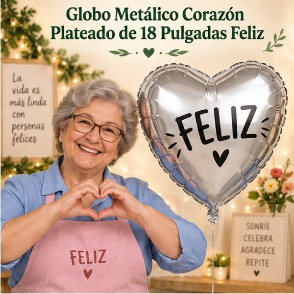 RI-0008923 Globo Metálico Corazón Plateado de 18 Pulgadas Feliz