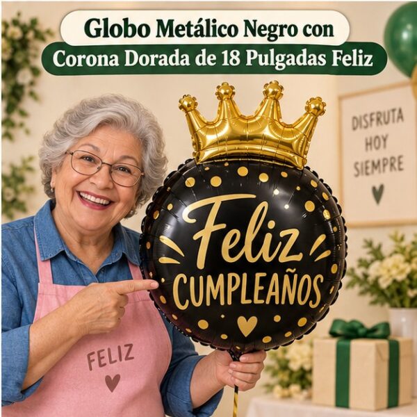 RI-0008941 Globo Metálico Negro con Corona Dorada de 18 Pulgadas Feliz