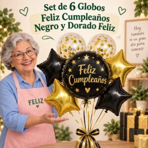 RI-0008947 Set de 6 Globos Feliz Cumpleaños Negro y Dorado Feliz