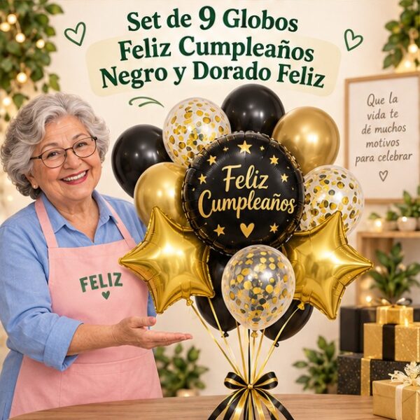 RI-0008948 Set de 9 Globos Feliz Cumpleaños Negro y Dorado Feliz