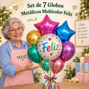 RI-0008949 Set de 7 Globos Metálicos Multicolor Feliz