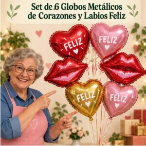 RI-0008951 Set de 6 Globos Metálicos de Corazones y Labios Feliz
