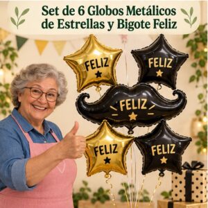 RI-0008952 Set de 6 Globos Metálicos de Estrellas y Bigote Feliz