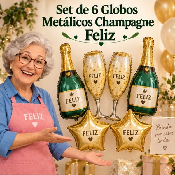 RI-0008954 Set de 6 Globos Metálicos Champagne Feliz
