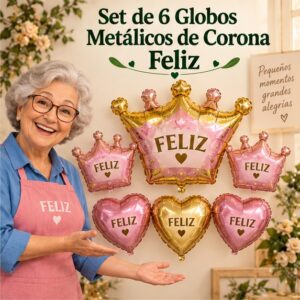 RI-0008955 Set de 6 Globos Metálicos de Corona Feliz