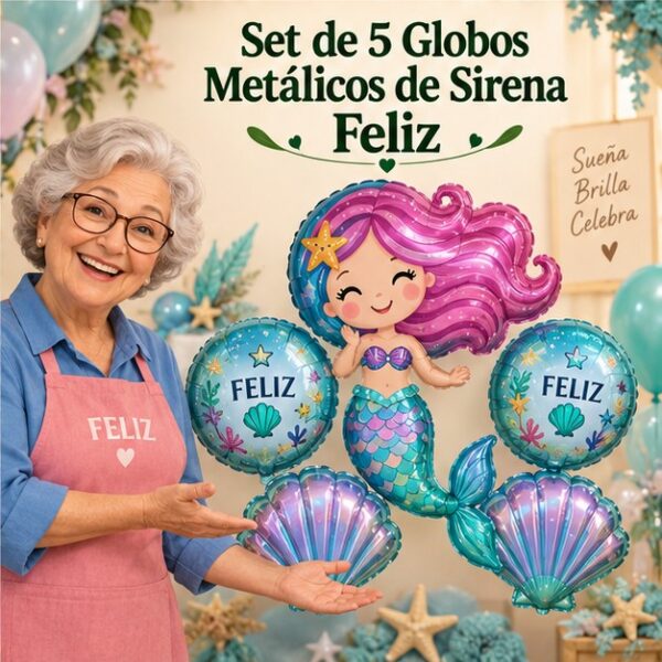 RI-0008957 Set de 5 Globos Metálicos de Sirena Feliz